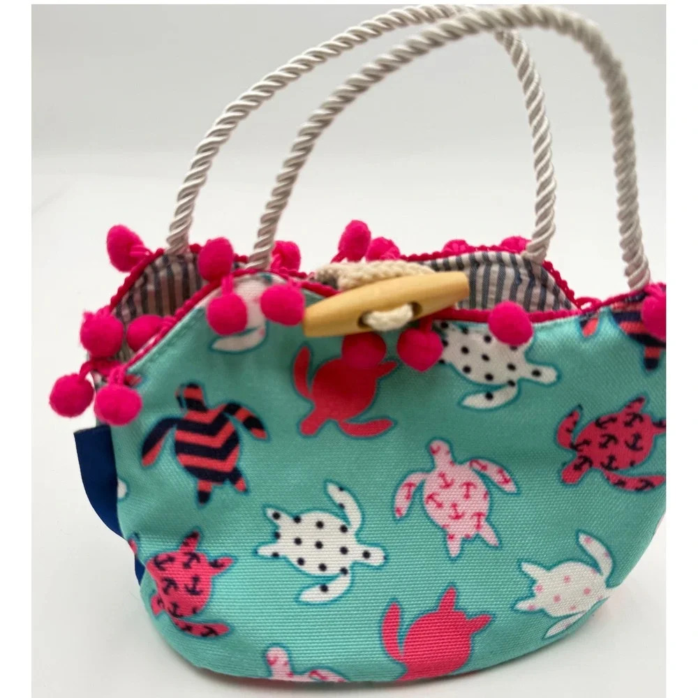 The Preppy Pelican Sassy Sea Turtle Mini Tote Purse Turquoise Pink Pom Pom